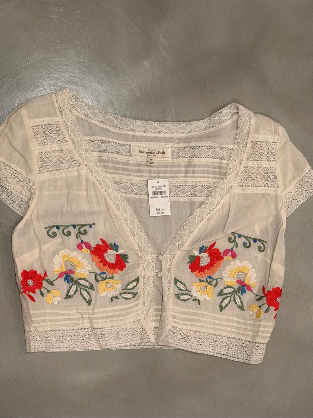 Abercrombie & Fitch Cream Embroidered Floral Tie-Front Crop Top